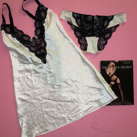 Victoria's Secret S SLIP Nigh Gown WHITE Black lace animal Print Bow FABULOUS - Picture 5 of 8